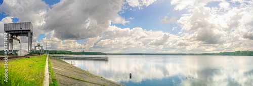 Panoramic view of Kaunas Hydroelectric Power Plant, located on the Nemunas River in summer