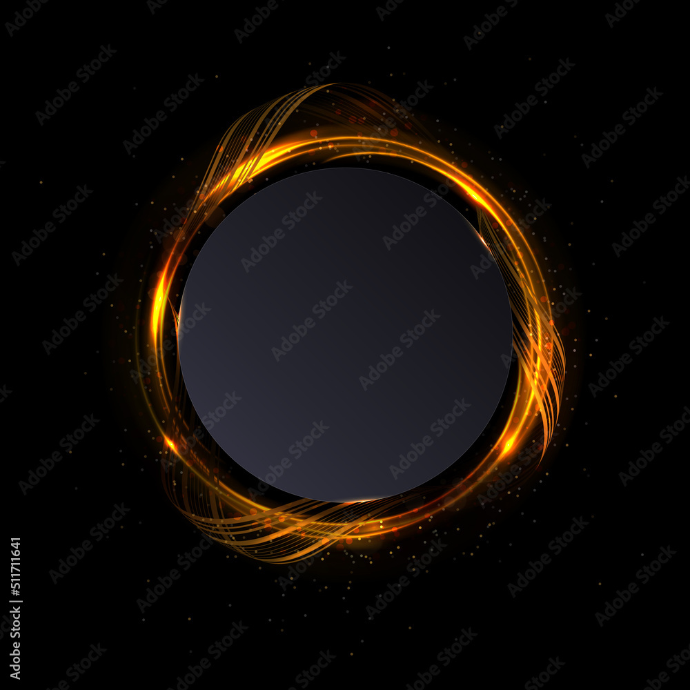 Isolated round frame on a black background with golden color waves
