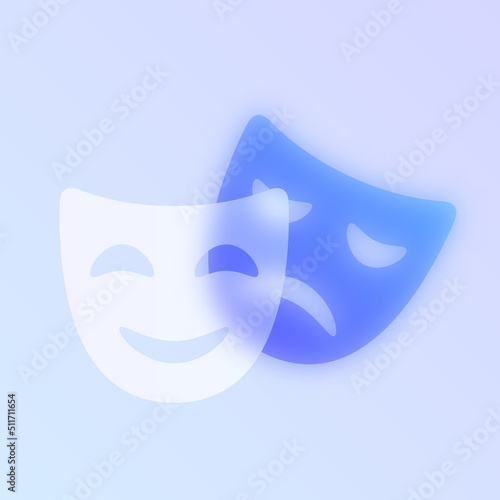 theatre masks glass morphism trendy style icon. theatre masks transparent glass color vector icon with blur and purple gradient. for web and ui design, mobile apps and promo business banners, posters