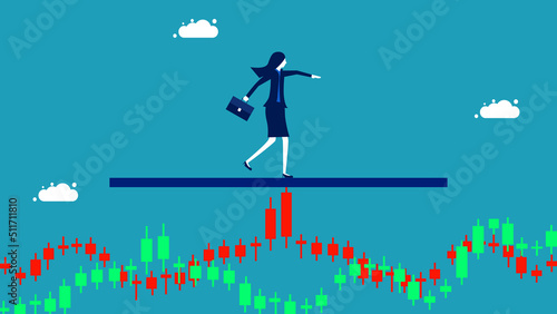 stock volatility. Balanced business woman on a volatile stock chart. Finance and Investment Concept vector