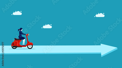 The journey forward. Business woman driving a motorcycle along the arrow. business idea