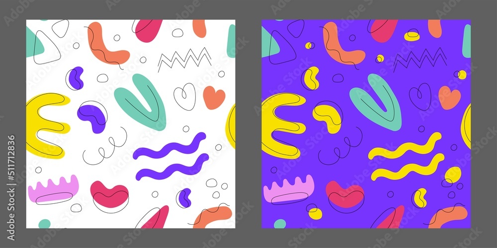 Hand drawn Various colorful shapes and doodle objects. Abstract contemporary modern trendy vector illustration. Bright Seamless pattern. Wallpaper, Textile print
