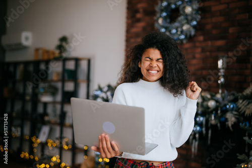 Photography Nice attractive lovely overjoyed crazy woman holding in hands laptop, goal achie