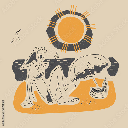 Summer retro poster. Girl on the beach with watermelon and umbrella, offset print vintage design. Vector illustration.