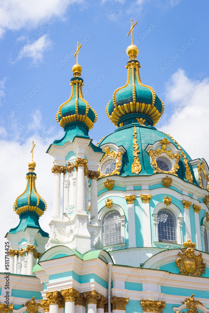 St.Andrew Church in Kyiv. Famous ancient Ukrainian cathedral. Old religious architecture. Ukrainian culture. Kyiv landmark. Exterior of St.Andrew's cathedral.
