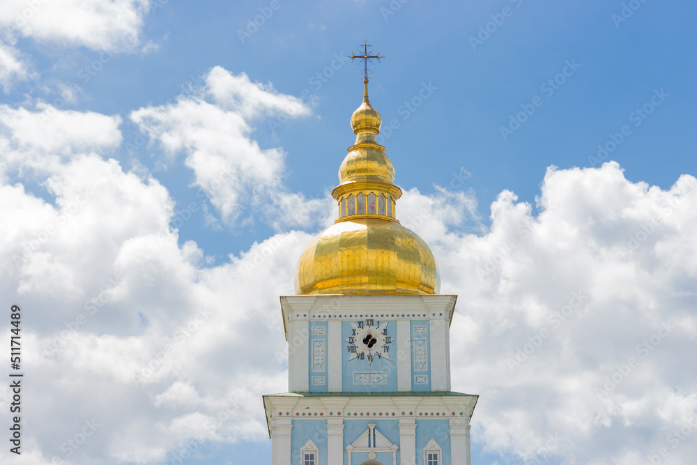 St.Michael Church in Kyiv. Famous ancient Ukrainian cathedral. Old religious architecture. Ukrainian culture. Kyiv landmark. Golden bell tower of orthodox church.