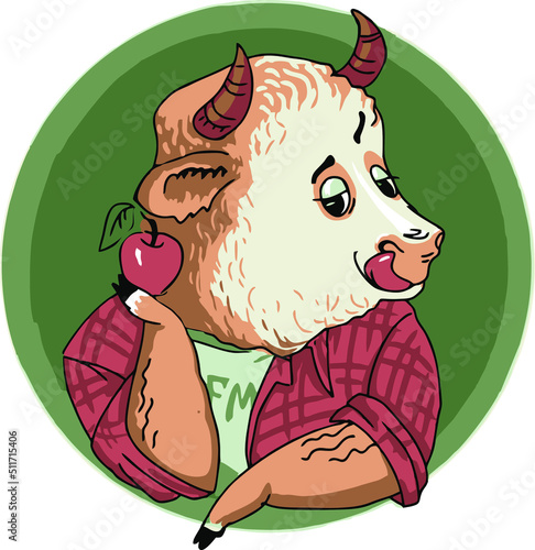 A humanized cartoon bull in a plaid shirt holds an apple in its hoof and licks its lips.