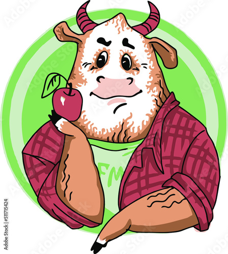 A humanized cartoon bull in a plaid shirt holds an apple in its hoof.