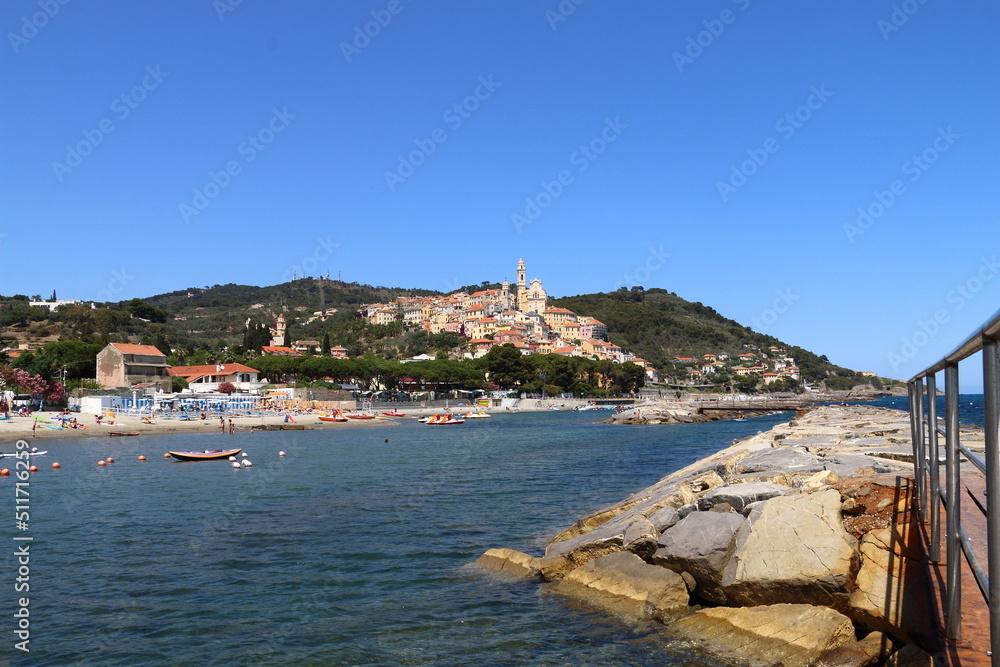 Medieval village of Cervo (San Bartolomeo al Mare-Imperia-Italy.) Cervo is a delightful town on the western Ligurian Riviera, considered one of the most beautiful borgji in Italy. Seen from the beach 