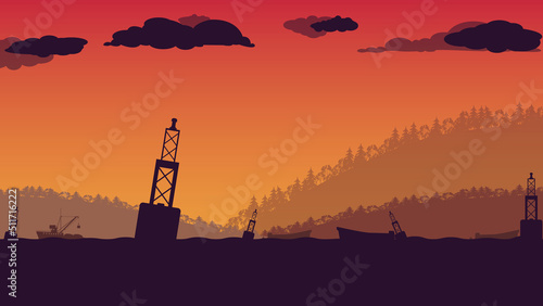 silhouette of Buoys floating at Ocean or sea on orange gradient background