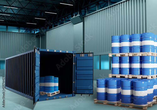 Chemical products in sea container. Barrels with chemicals. Blue casks with chemicals. Sea freight container with barrels. Transportation of toxic products. Barrels on wooden pallets. 3d rendering.