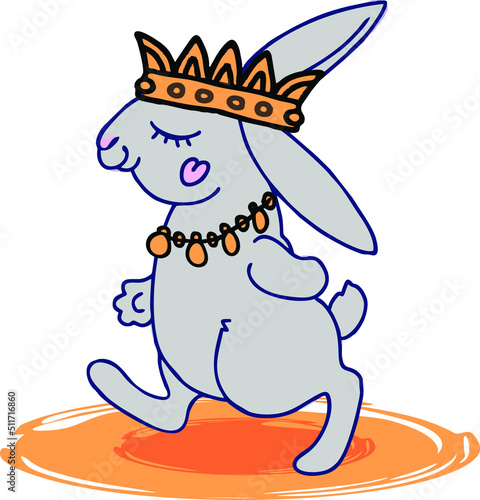 Cartoon gray rabbit walks briskly in royal attributes.