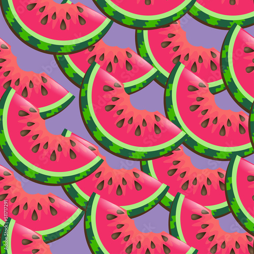 Watermelon slice seamless pattern on very peri background for wrapping paper or textile. Hand drawn watermelon slice. Vector illustration. Vintage illustration.