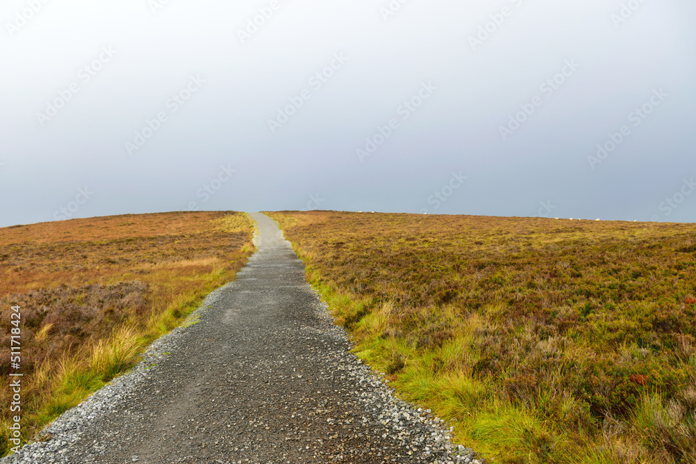 Small country road and cloudy skies out of focus in the background, travel and tourism concept, rural autumn landscape