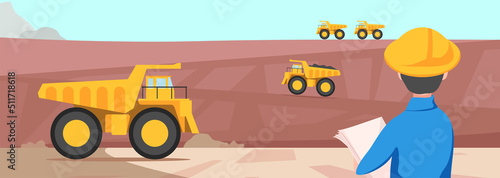 Nice vector illustration of mining in cartoon style. Male engineer with papers directs large dump trucks with ore. Import and export of goods logistics service.