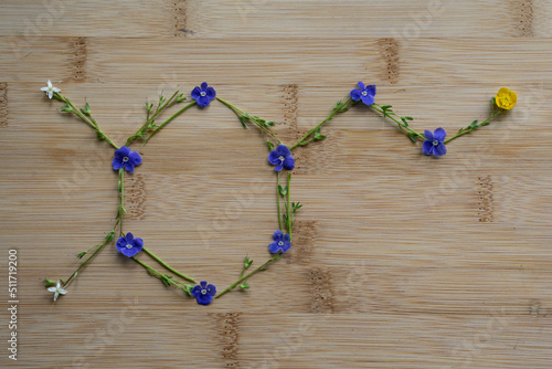 Dopamine chemical formula from flowers over wooden background