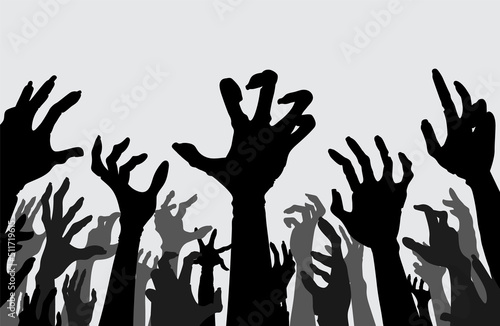 Silhouette Hands and arms of evil spirits rise up a lot at the same time. Illustration about the crowd of zombies and monsters out of Hell, religion, Halloween.