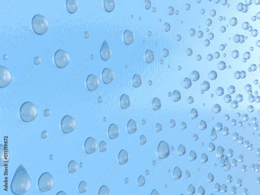 青・水色のプラスチック樹脂製の壁に水滴の3Dイラストレーション。無数の水滴。結露した壁。