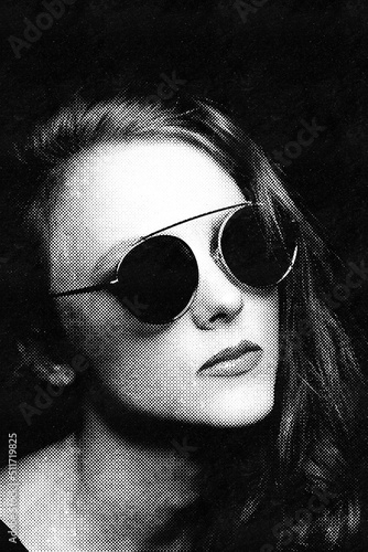Close-up woman portrait illustration in black and white halftone pattern style and retro look. Beautiful woman with long wavy hair wearing sunglasses. Paper or magazine vintage and grunge print style