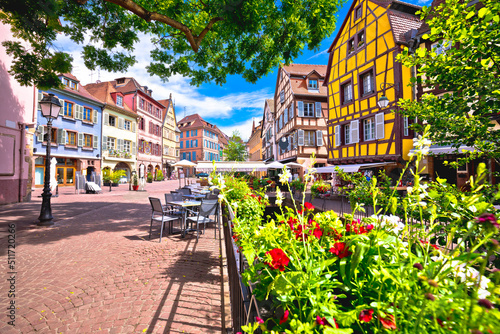 Colorful historic town of Colmar street architecture and flowers view