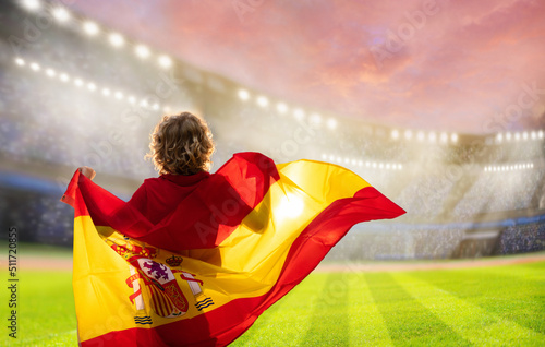 Spain football team supporter on stadium.