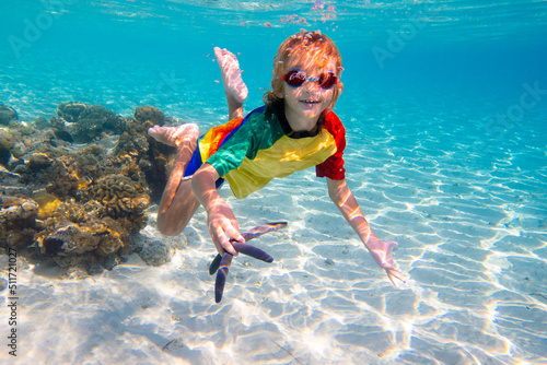 Child snorkeling. Kids underwater. Beach and sea.