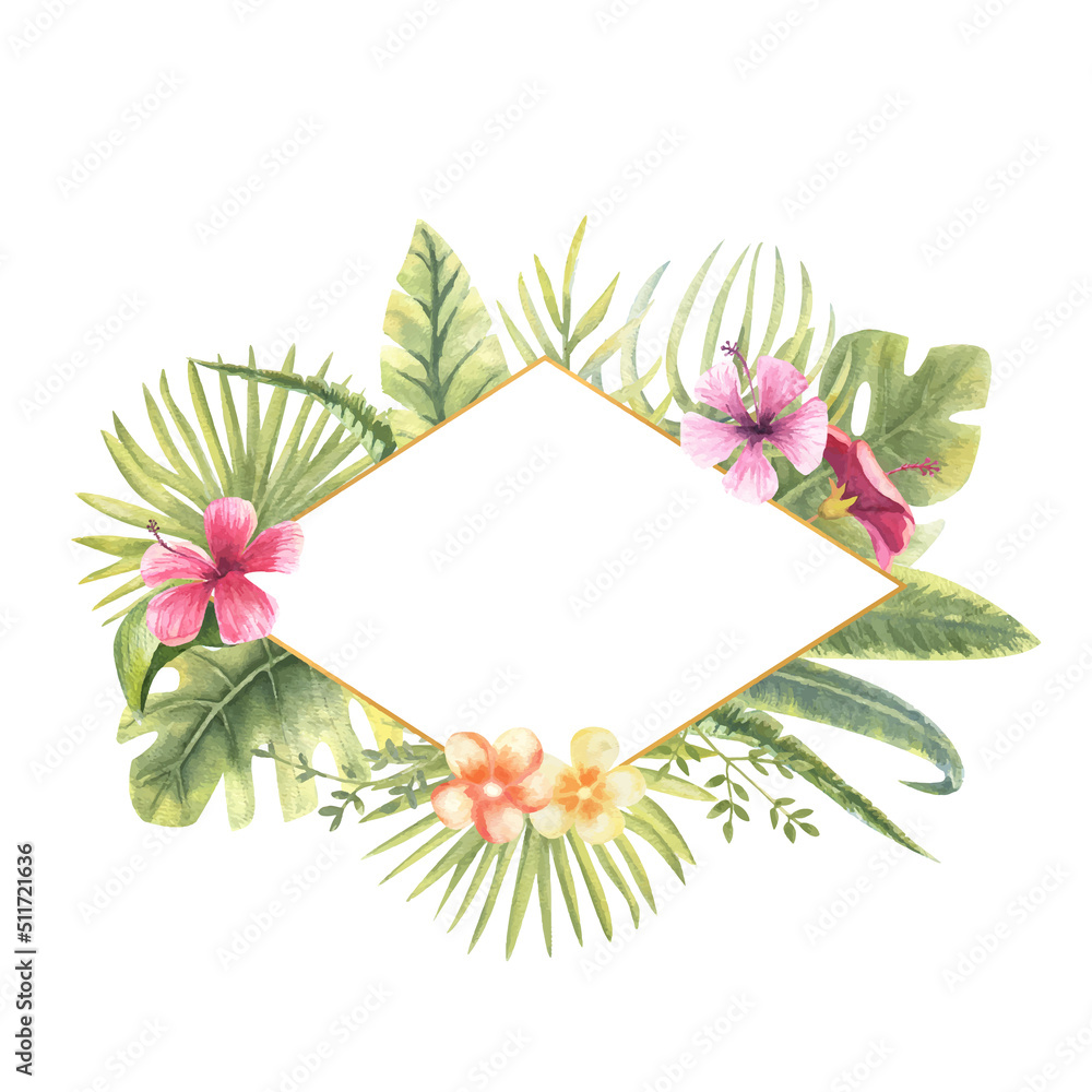 Vector illustration of a diamond-shaped frame with tropical plants. Monster, banana leaves, hibiscus, etc. Floral watercolor. For the design of greeting cards, invitations
