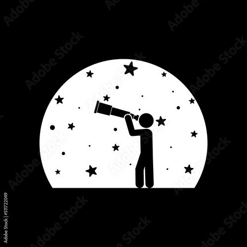 Scientist looking through telescope on sky logo isolated on dark background
