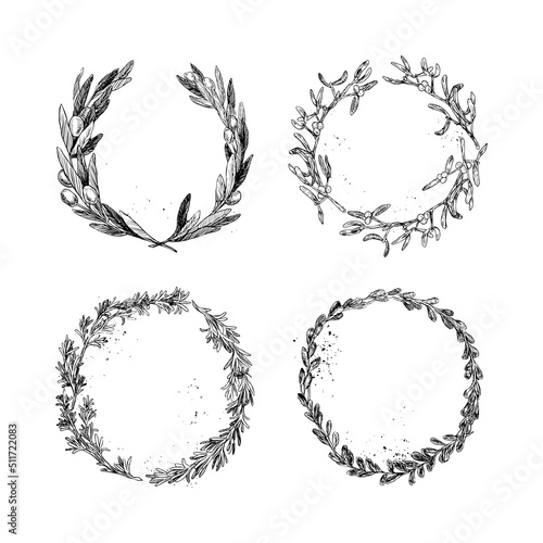 Collection of monochrome illustrations of wreaths in sketch style. Hand drawings in art ink style. Black and white graphics.