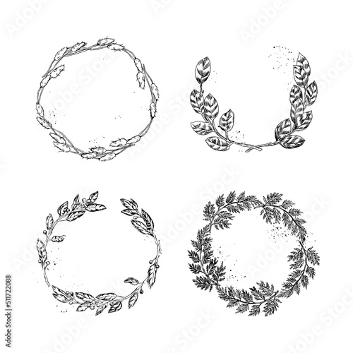 Collection of monochrome illustrations of wreaths in sketch style. Hand drawings in art ink style. Black and white graphics.