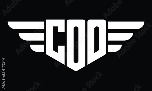 COO three letter logo, creative wings shape logo design vector template. letter mark, wordmark, monogram symbol on black & white.	