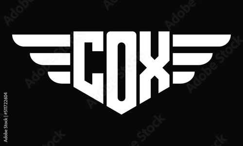 COX three letter logo, creative wings shape logo design vector template. letter mark, wordmark, monogram symbol on black & white.	