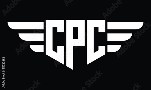 CPC three letter logo, creative wings shape logo design vector template. letter mark, wordmark, monogram symbol on black & white.	