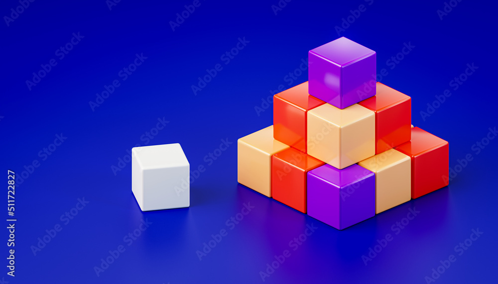 Color cubes lined up in a pyramid red, yellow and lilac and separately white Color cubes lined up in a pyramid red, yellow and lilac and separately white