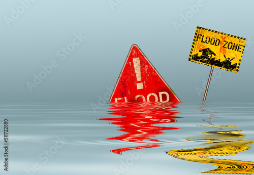 Murais de parede flood zone warning sign,climate change, inundation, flooding  concept, vector il