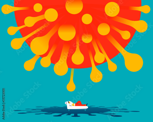 Man lying in a psychologist's chair with a giant covid-19 virus above him. Coronavirus effect on mental health. Psychology and anxiety of coronavirus. Vector illustration.