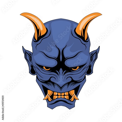Oni Traditional Japanese Demon Mask With Blue Skin,Gold Eyes and Gold Horn Illustration. Mask Designs for T-shirts, Tattoos, Stickers, Gaming Logos or Posters
