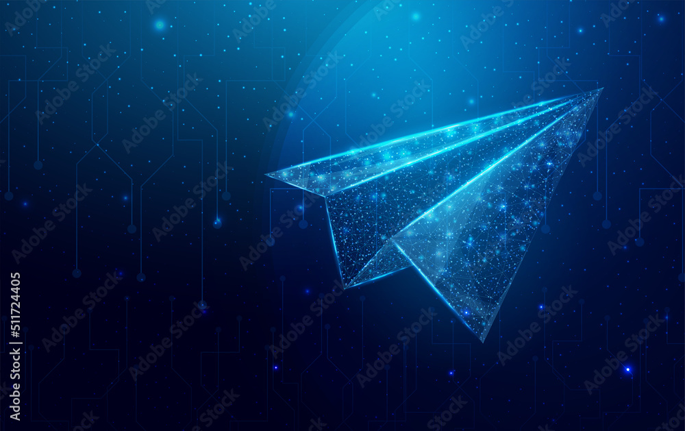 Polygonal paper plane. Business startup, innovation, growth, travel, way forward freedom concept. Wireframe low poly plane. Vector illustration.