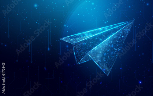Polygonal paper plane. Business startup, innovation, growth, travel, way forward freedom concept. Wireframe low poly plane. Vector illustration.
