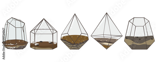 Glass planter pots for small terrariums with potting soil. Small trees can be decorated. Vector illustration. Set of glass pot elements isolated on white background.
