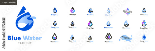 Large set of creative logos on the theme of water. Water drop logo. Blue templates for a water production , clean ecology, tourism, cleaning or pharma company