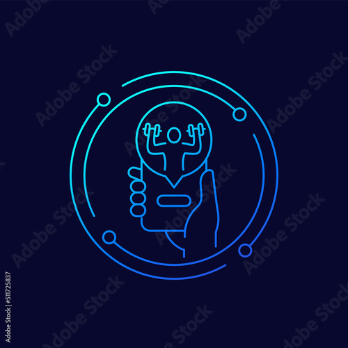 online fitness training line icon with phone in hand