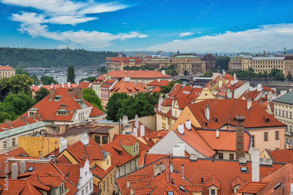 Obraz premium Prague Czech Republic, high angle view city skyline at Manes Bridge and Vltava River, Czechia