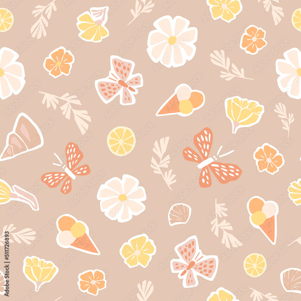 Cute summer flat illustration of butterflies, ice cream, lemons, seashells, flowers and leaves. Seamless vector pattern for fabrics, wallpapers, wrapping paper in gentle pastel colors.