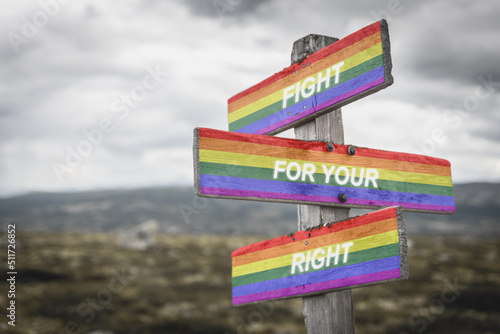 fight for your right text quote on wooden signpost crossroad outdoors in nature. Freedom and lgbtq community concept.
