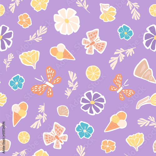 Cute summer flat illustration of butterflies, ice cream, lemons, seashells, flowers and leaves. Seamless vector pattern for fabrics, wallpapers, wrapping paper in gentle purple color.