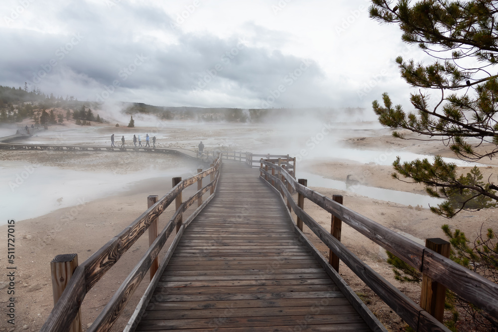 Obraz premium Boardwalk around Hot spring Geyser in American Landscape. Yellowstone National Park, Wyoming, United States. Nature Background.