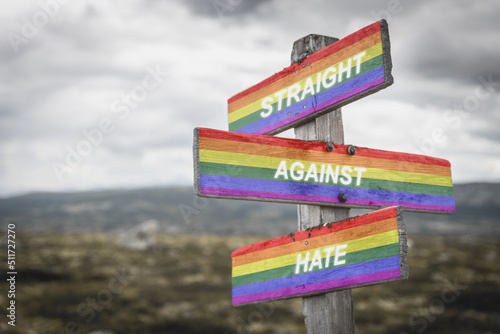 straight against hate text quote on wooden signpost crossroad outdoors in nature. Freedom and lgbtq community concept.