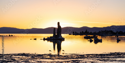 Tufa towers rock formation in Mono Lake. Sunny Sunrise. Located in Lee Vining, California, United States of America. Nature Background.