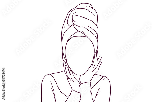 beautiful woman with towel on a head doing facial treatment. beauty concept. hand drawn style vector illustration